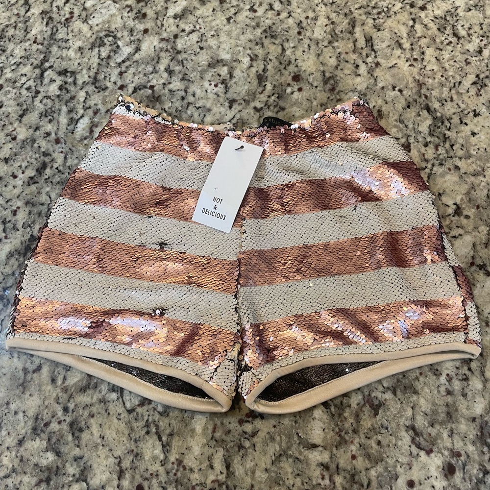 Hot & Delicious Rose Gold and Cream Sequin High Waist Shorts
